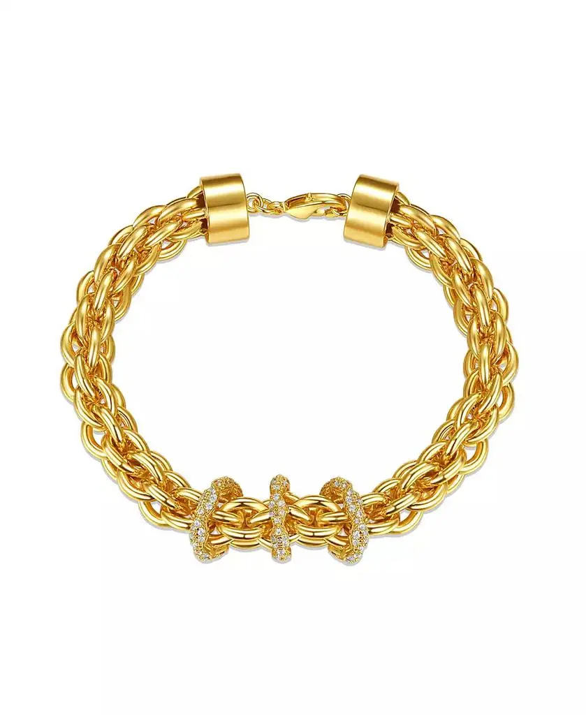 Rachel Glauber 14k Gold Plated with Cubic Zirconia Triple Circle Round Woven Braided Link Chain Bracelet