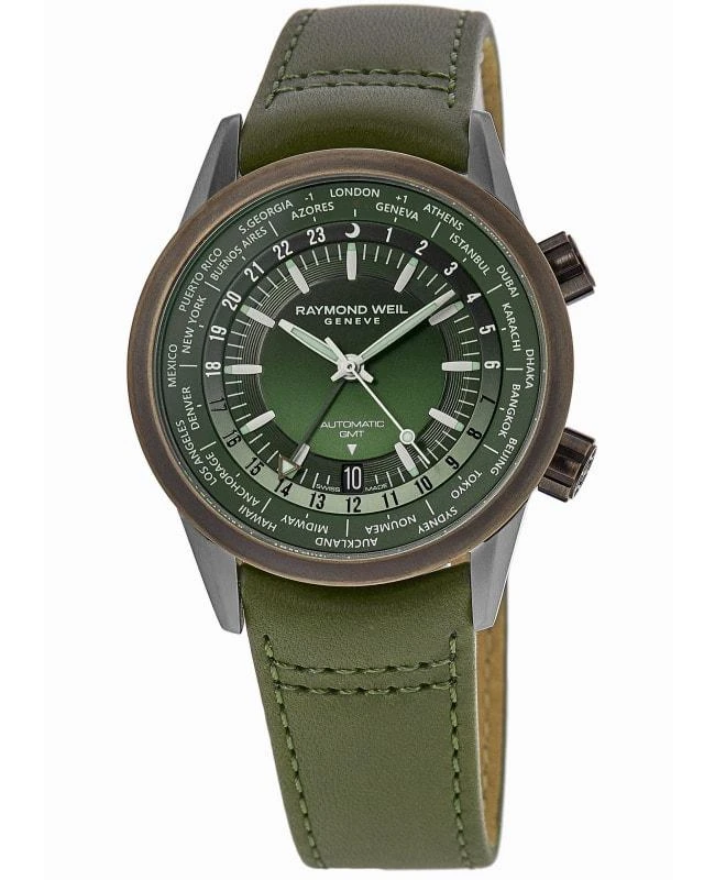Raymond Weil Raymond Weil Freelancer Automatic GMT Worldtimer Green Dial Bronze Bezel Leather Strap Men's Watch 2765-SBC-52001 1
