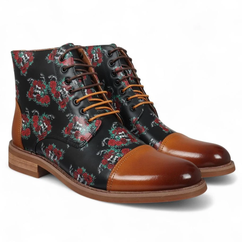 Justin Reess Heren Bruine Oxford Enkellaarsjes van Leer met Bloemenprint - Adam Skull 2