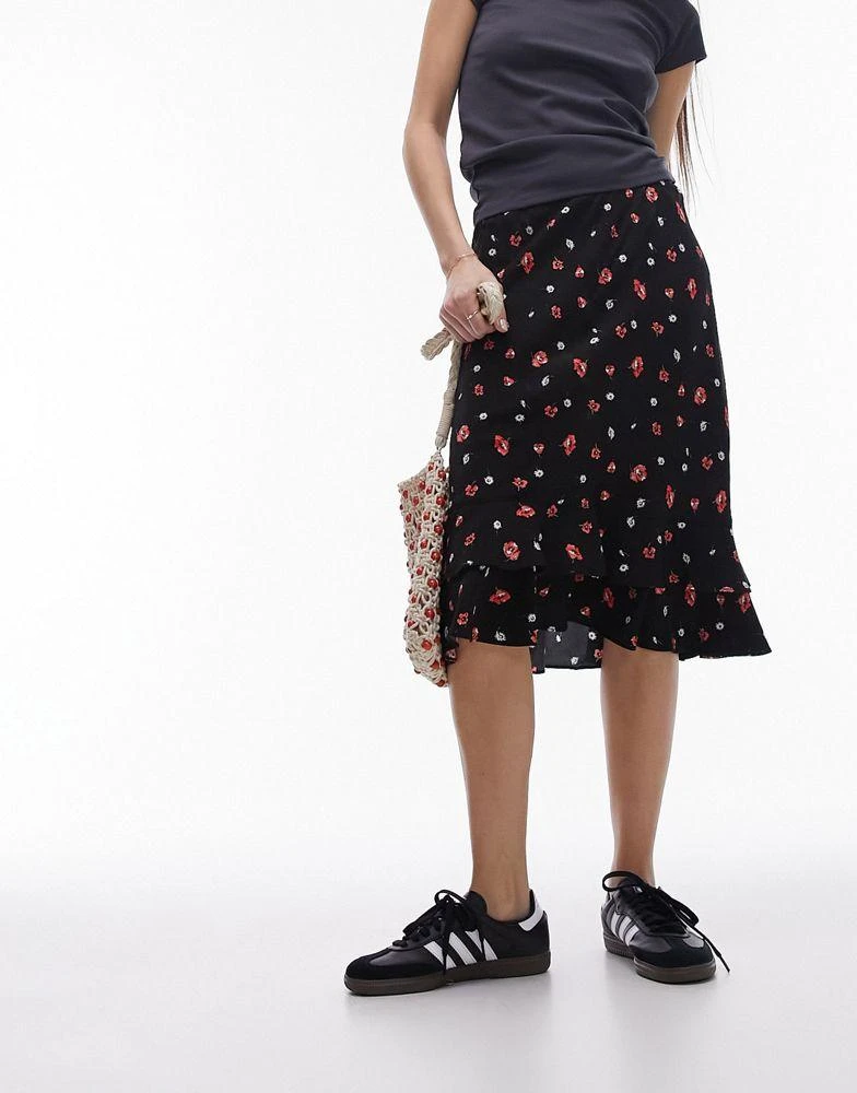 Topshop Topshop double ruffle knee length skirt in red and black floral 1