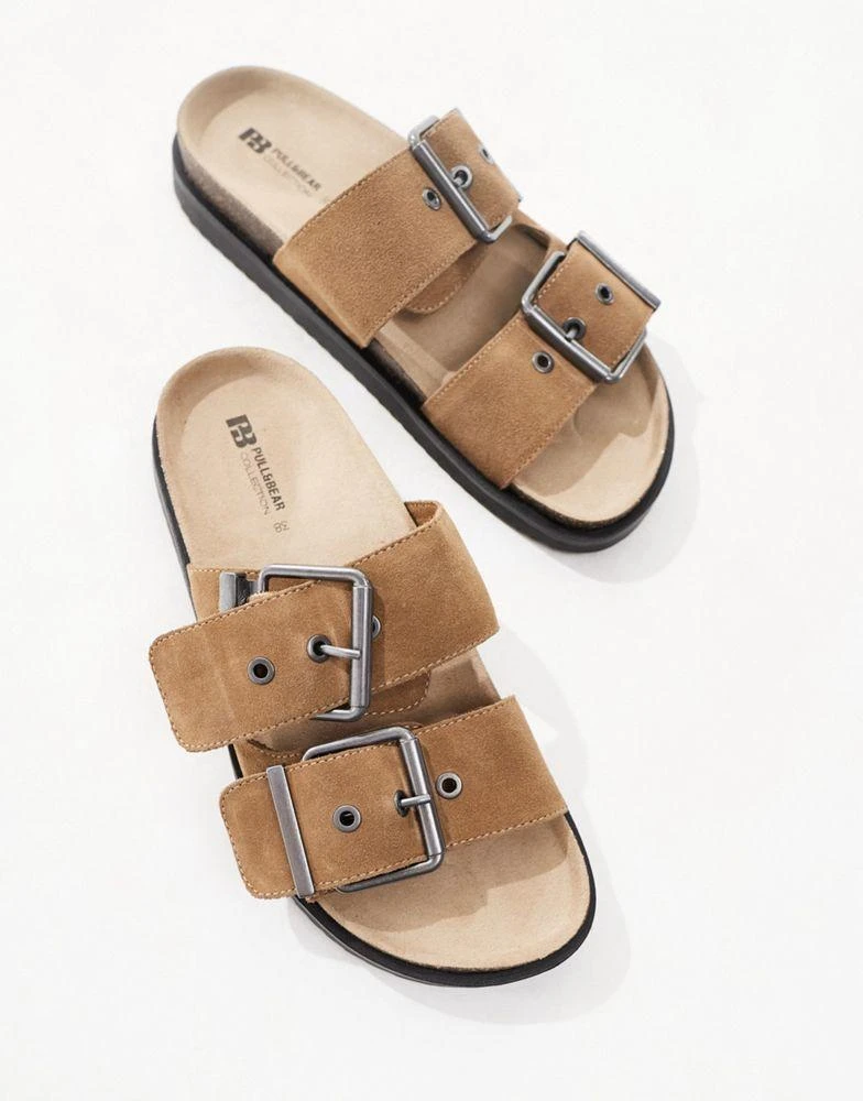 Pull&Bear Pull&Bear double strap buckle leather sandals in brown 2