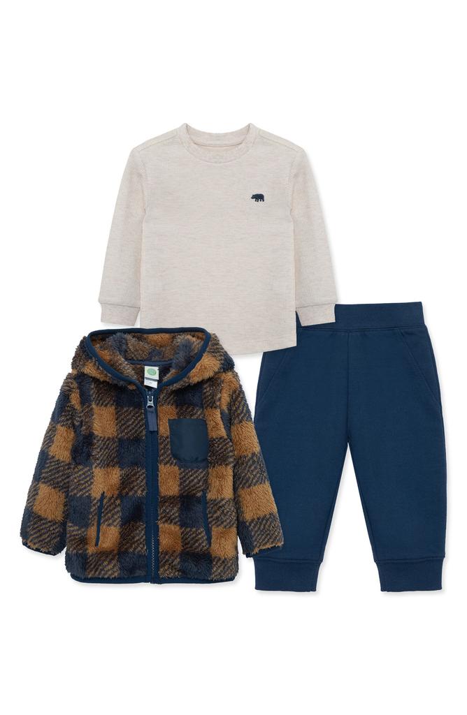 Little Me Plaid Fleece Jacket, Waffle Knit T-Shirt & Pants Set