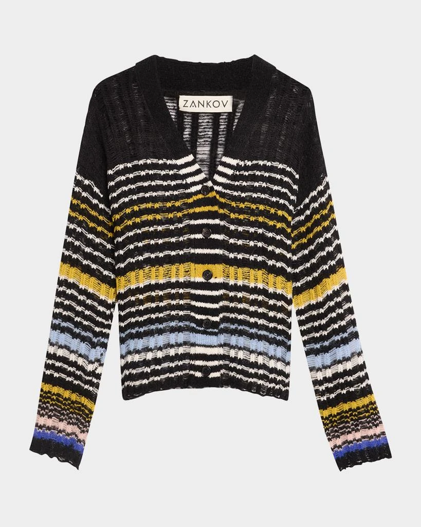 ZANKOV Stephen Striped Boucle Knit V-Neck Cardigan 1