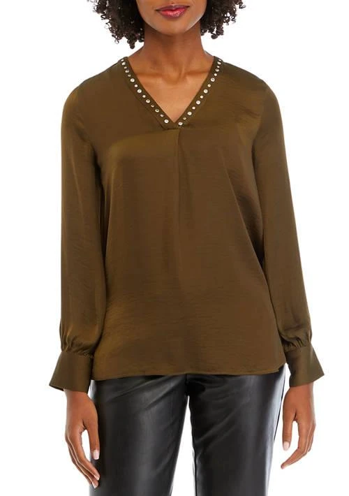 Carmen Marc Valvo Marc Valvo Womens V Neck Stud Trim Top 1