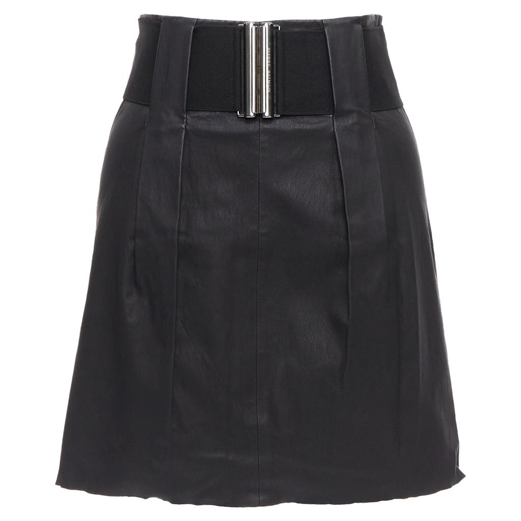 PIERRE BALMAIN Leather Wide Logo Elastic Belted A Skirt
