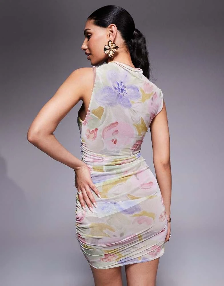 ASOS ASOS DESIGN mesh scooped away neckline mini dress with twisted strap in pastel floral print 4