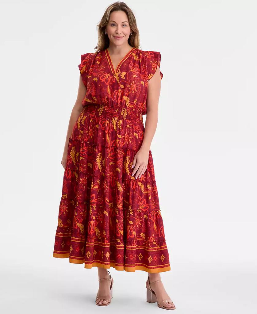 Vince Camuto Plus Size Printed Smocked-Waist Flutter-Sleeve Maxi Dress