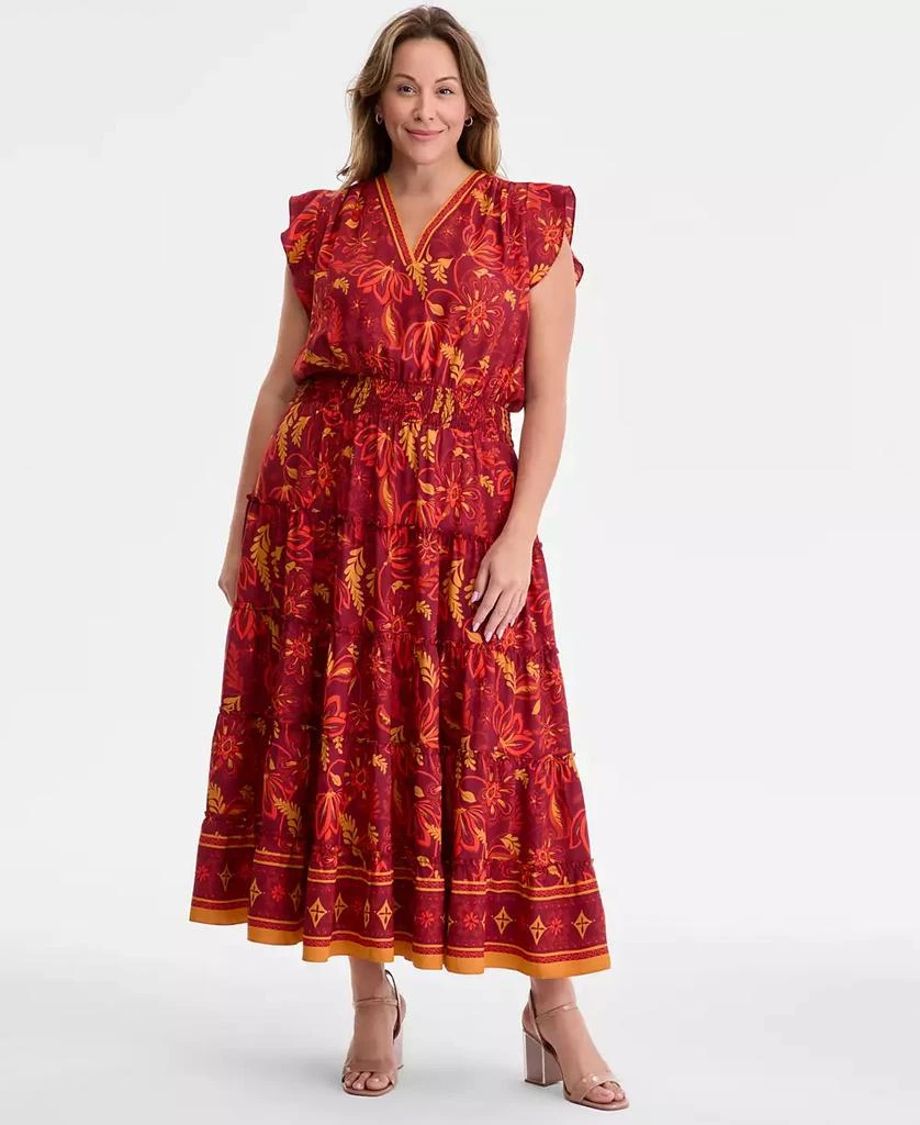 Vince Camuto Plus Size Printed Smocked-Waist Flutter-Sleeve Maxi Dress 1