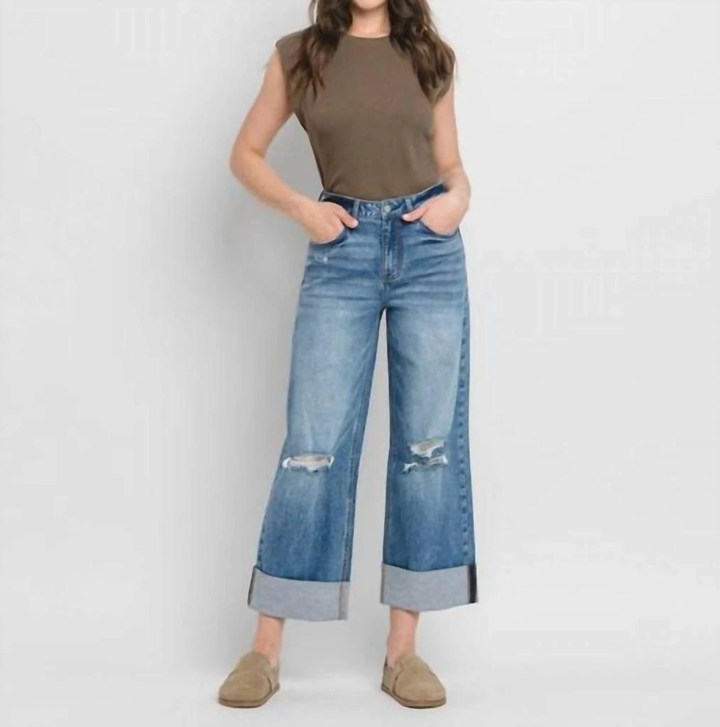 LOVERVET Rosy Super High Rise Double Cuffed Baggy Wide Jeans In Medium Wash 4