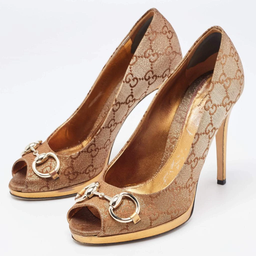 Gucci Gucci Bronze GG Canvas and Leather New Hollywood Horsebit Peep Toe Pumps Size 37 2