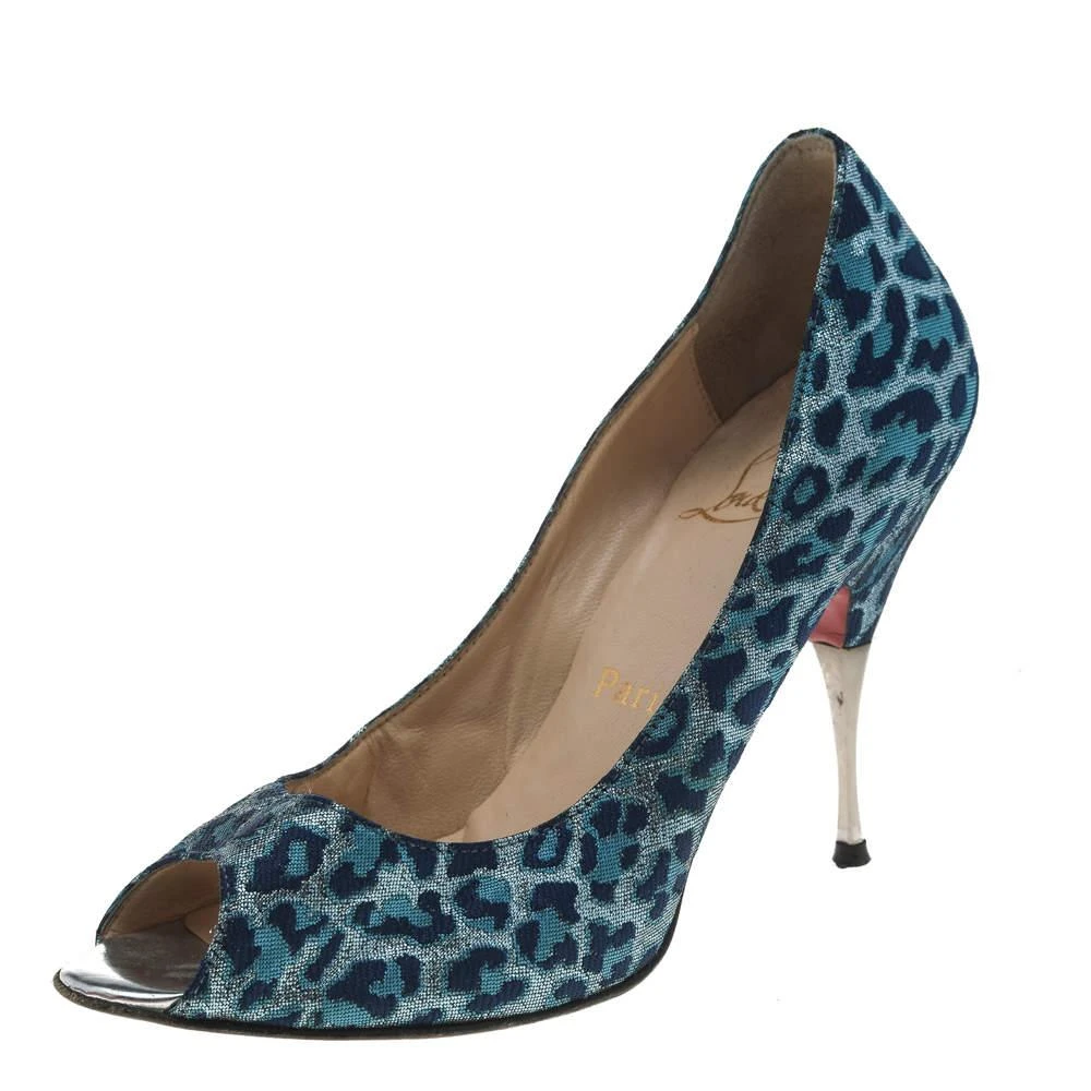 Christian Louboutin Christian Louboutin Blue Leopard Print Fabric Peep Toe Pumps Size 37 1