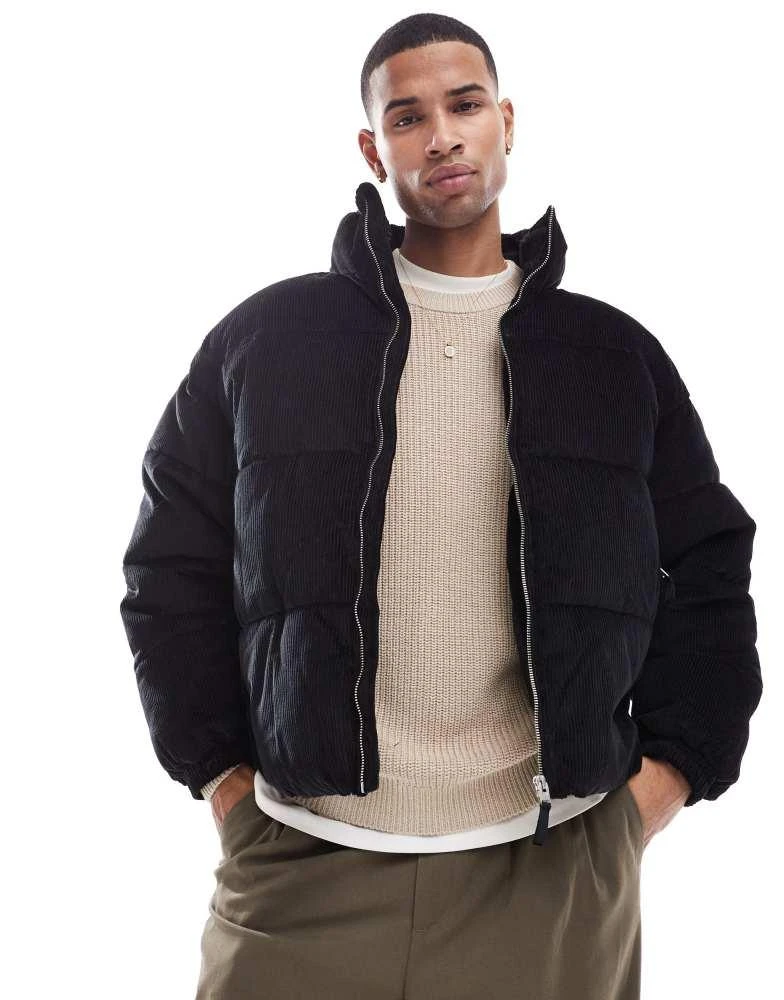 Bershka Bershka cord puffer jacket in black 1