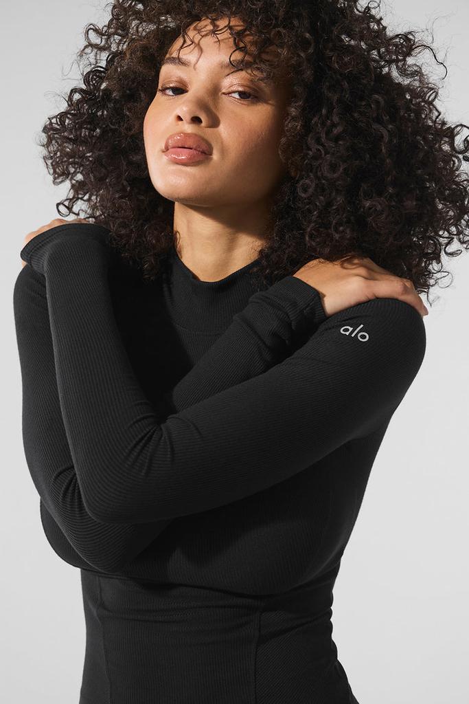 Alo Ribbed Mesmerize Mock Neck Long Sleeve - Black - Outdoor
