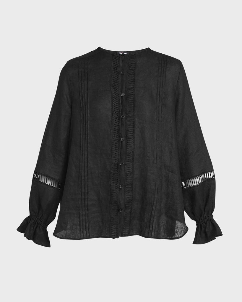 Kiton Lattice-Trim Pleated Linen Button-Front Shirt