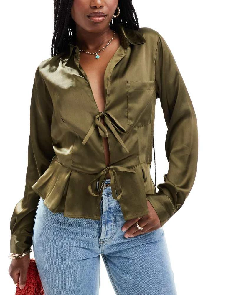 ASOS ASOS Design tie front satin shirt in khaki 1