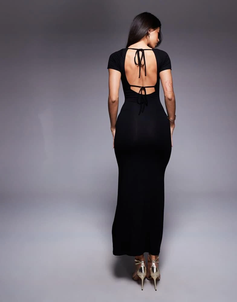 ASOS Design short sleeve maxi dress with open back in Black