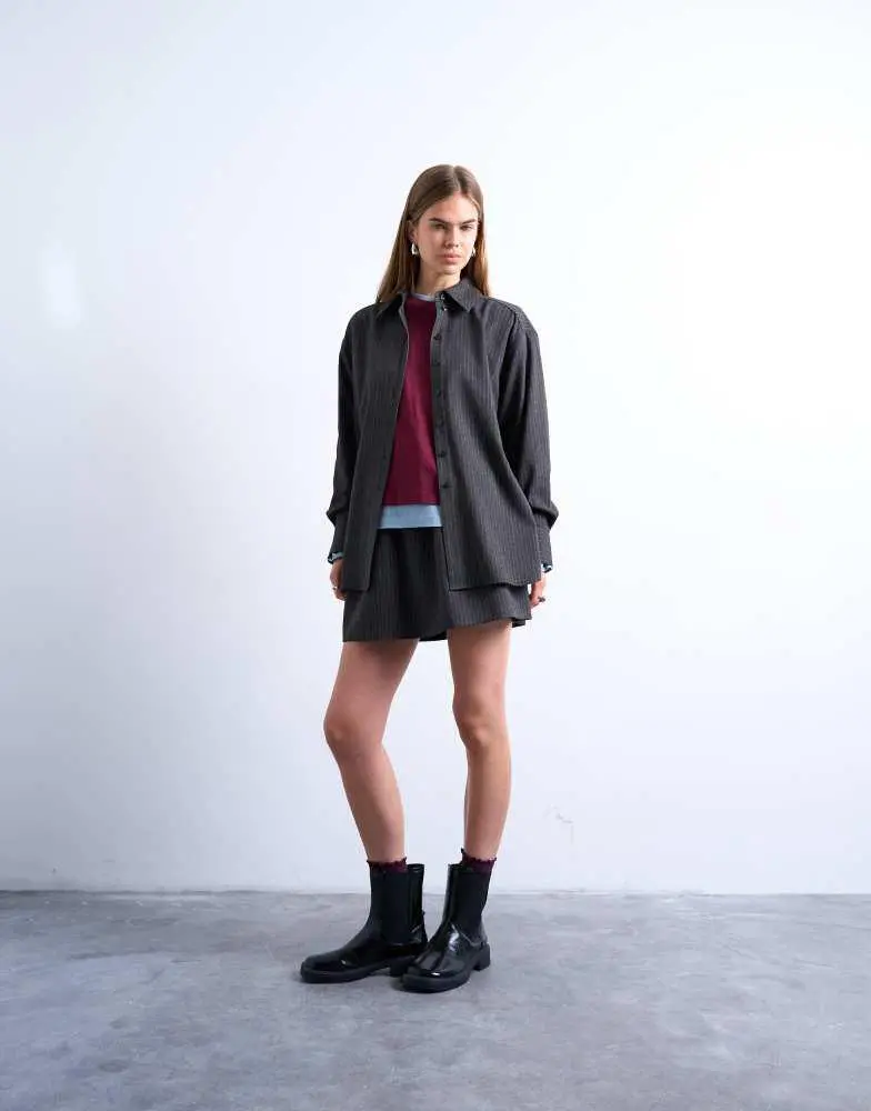 Topshop Topshop brushed pinstripe tailored shirt in charcoal 2