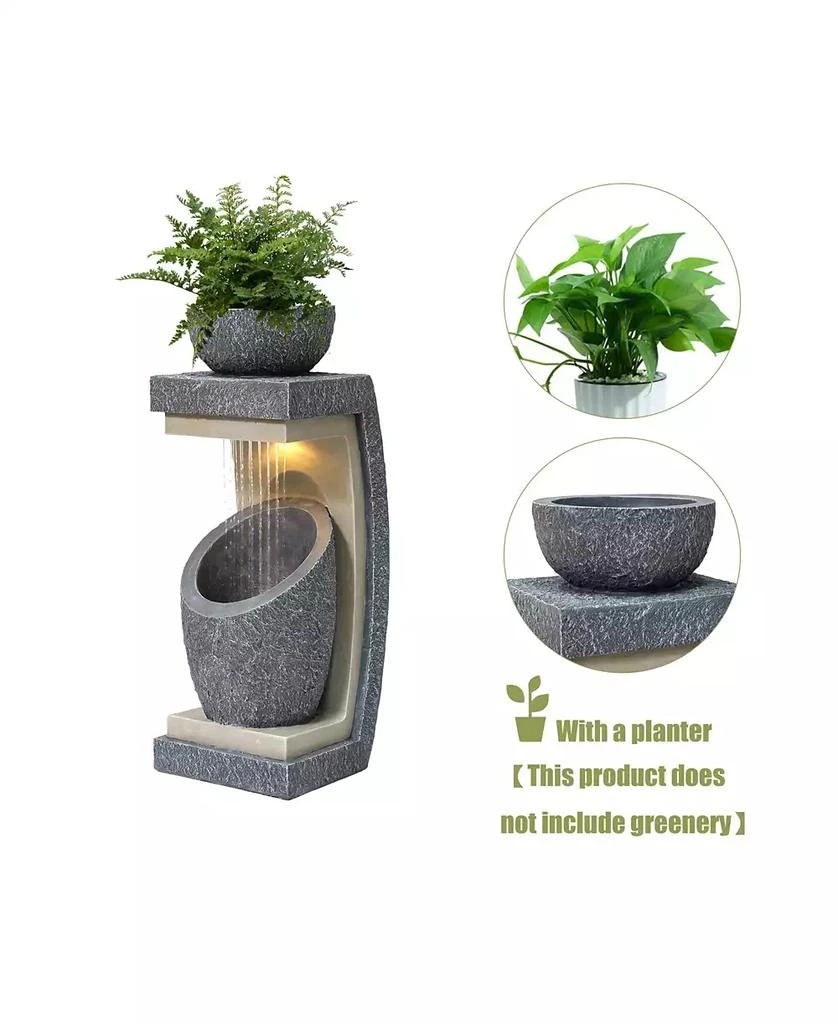 LuxenHome Gray Resin Column and Bowl Sculpture Outdoor Fountain with Lights 9