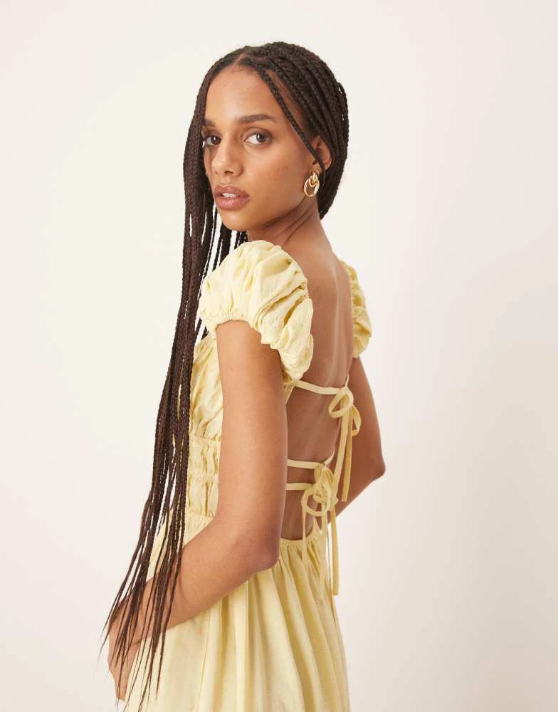 ASOS ASOS DESIGN square neck short sleeve midi dress with cinched channel waist in butter yellow 4