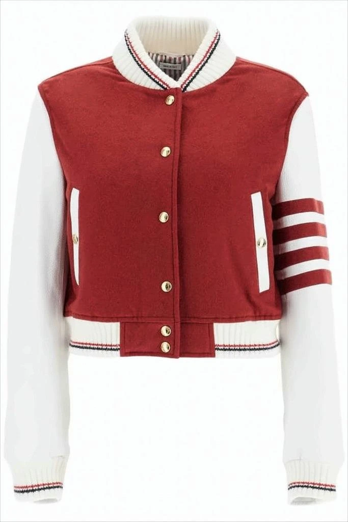 Thom Browne Cropped Varsity Jacket in Rich Red with Contrast Leather Sleeves