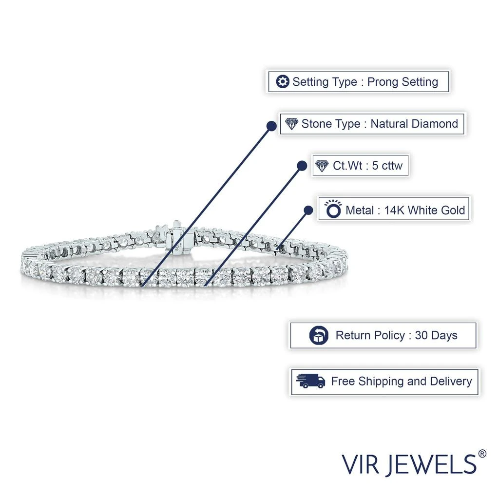 Vir Jewels 5 cttw Diamond Bracelet 14K White Gold Classic Tennis Round Prong Set 7 Inch 3