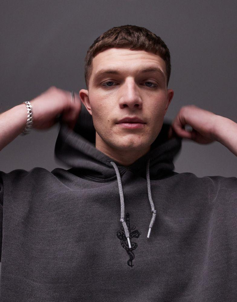 Topman Topman oversized fit hoodie with dagger tattoo embroidery in washed black
