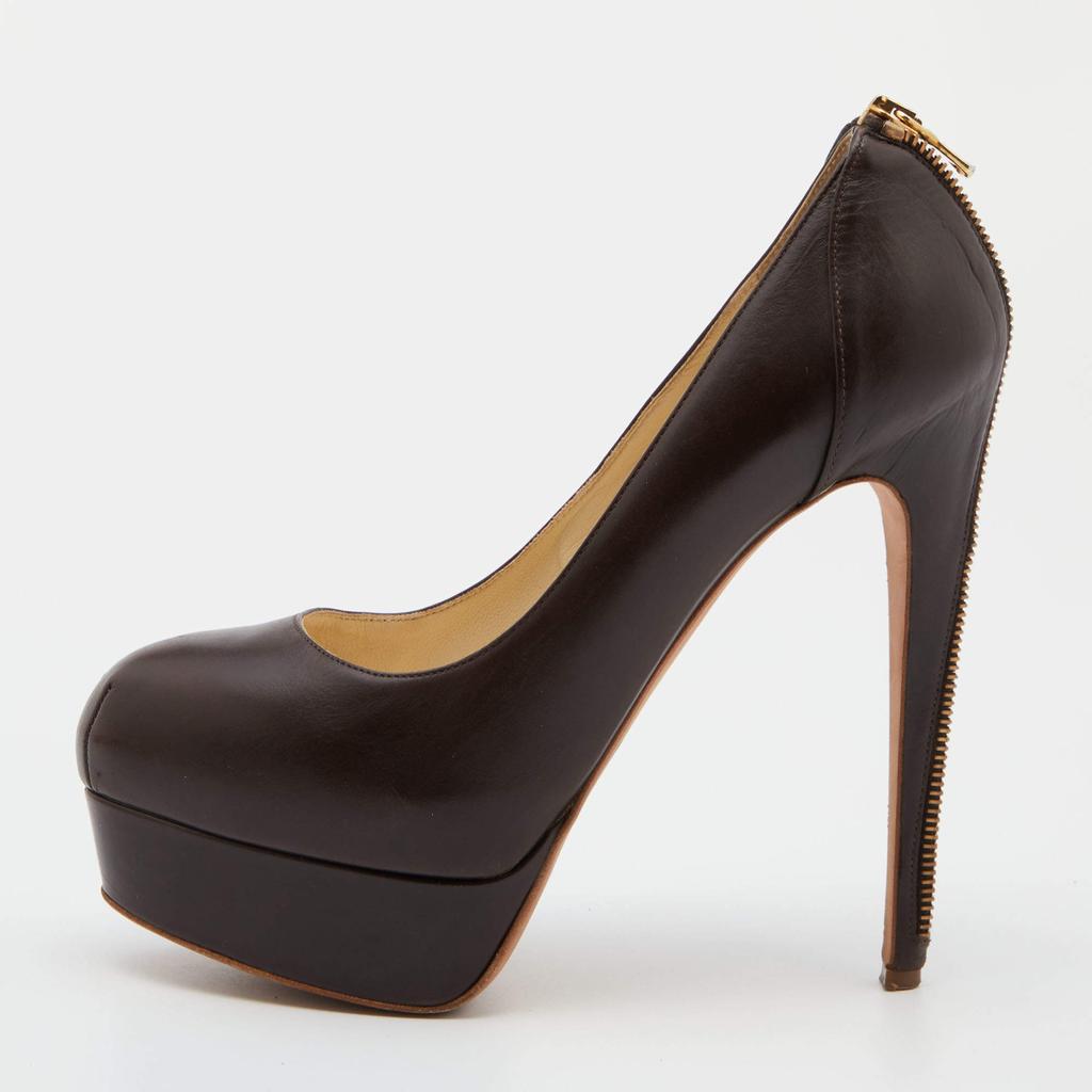 Brian Atwood Brian Atwood Brown Leather Chain Heel Platform Pumps Size 38.5
