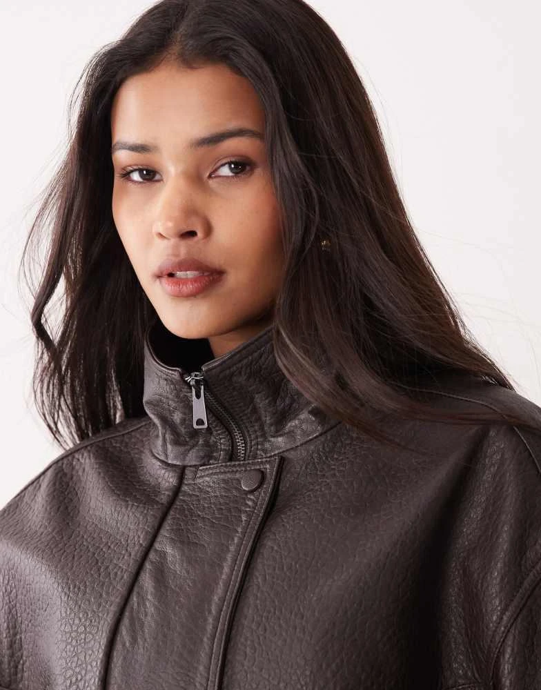 Mango Mango Capsule 100% leather funnel neck jacket in chocolate 3