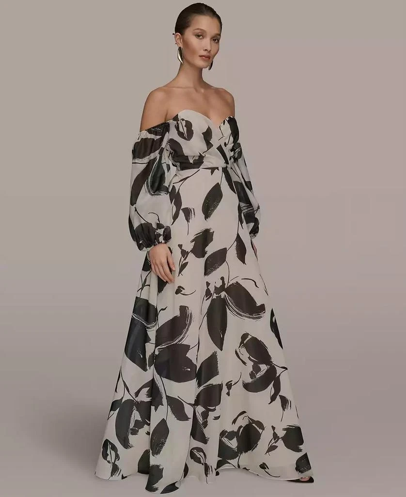Donna Karan Women's Floral Print Sweetheart Neckline Puff Sleeve Gown