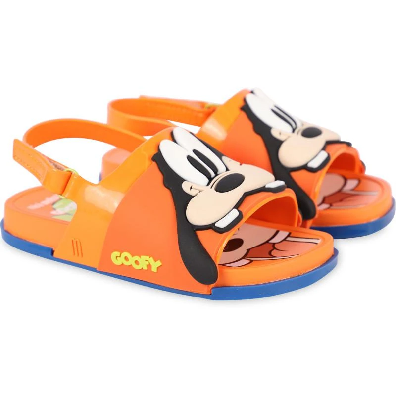 Mini Melissa Goofy rubber sandals in orange and blue 1