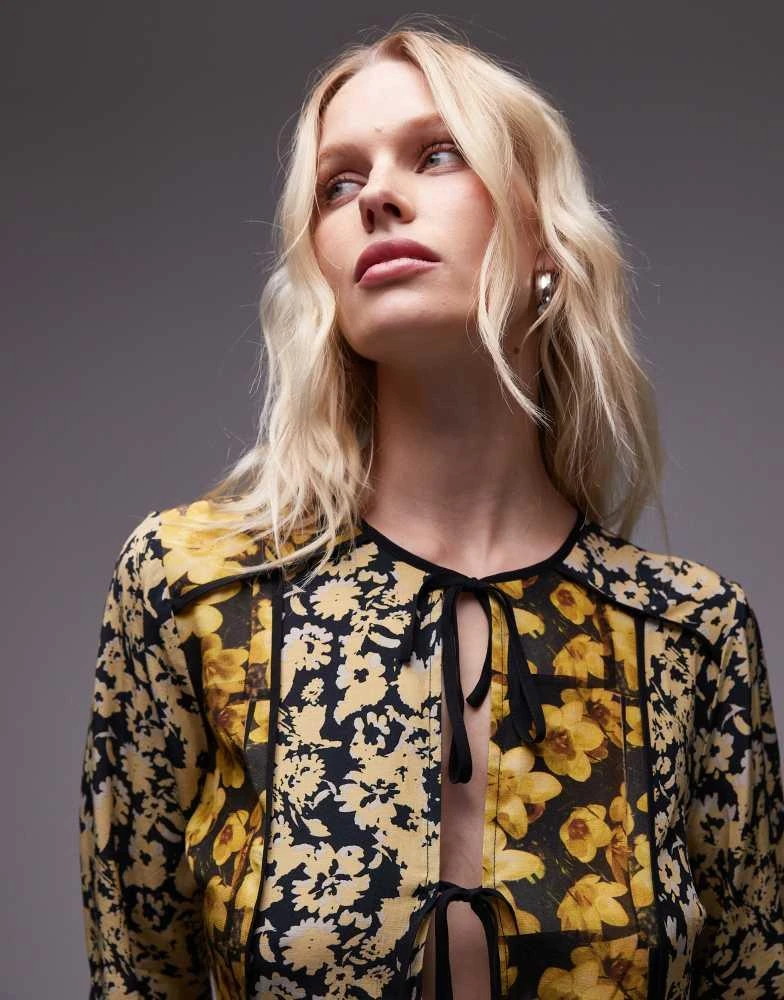 Topshop Topshop patchwork scarf print tie front bed jacket in yellow floral print 2
