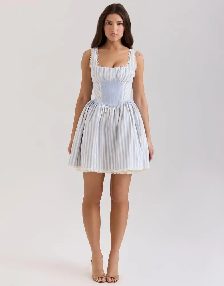 House of CB House of CB Liesl striped pintucked mini dress in blue