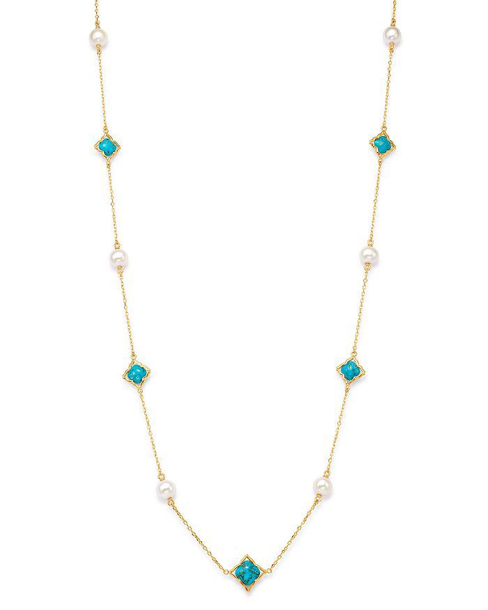 Bloomingdale's Cultured Freshwater Pearl & Turquoise Clover Station Necklace in 14K Yellow Gold, 36"