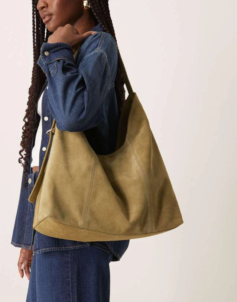 ASOS ASOS DESIGN suede slouch buckle tote bag in khaki 2