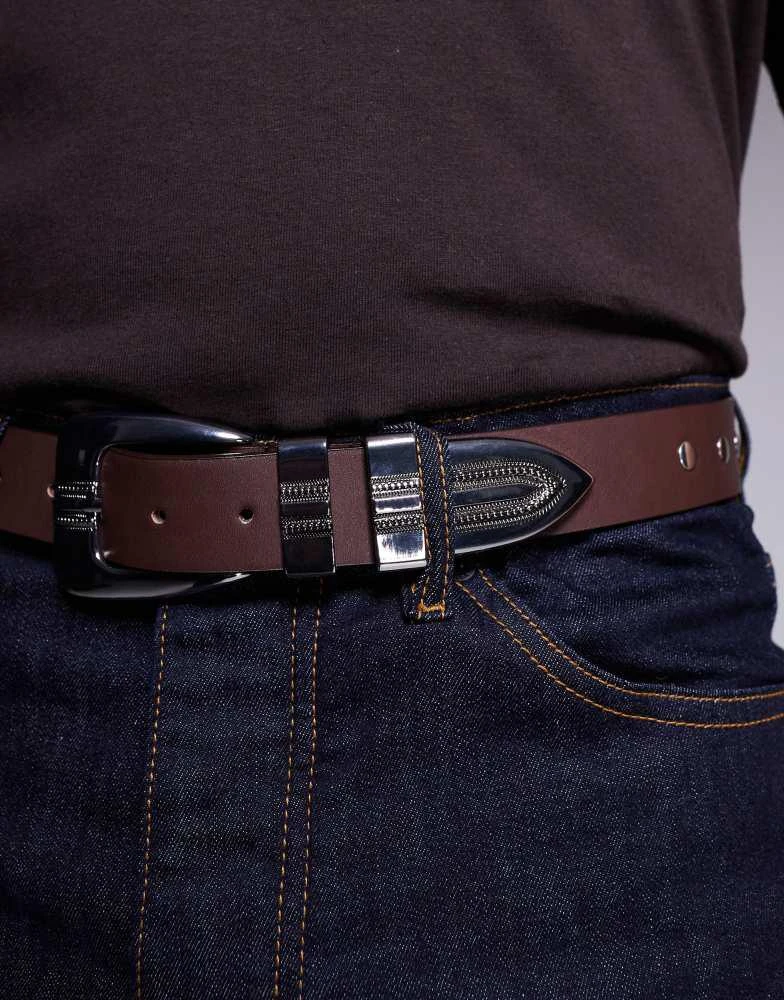 ASOS ASOS DESIGN faux leather belt with western buckle in burnished brown 3