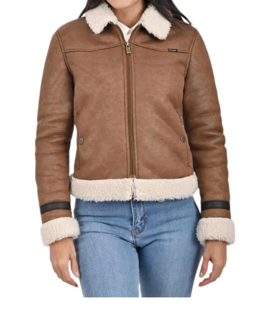 Wrangler Ladies Coat With Sheepskin On Collar And Cuffs In Capuccino 1