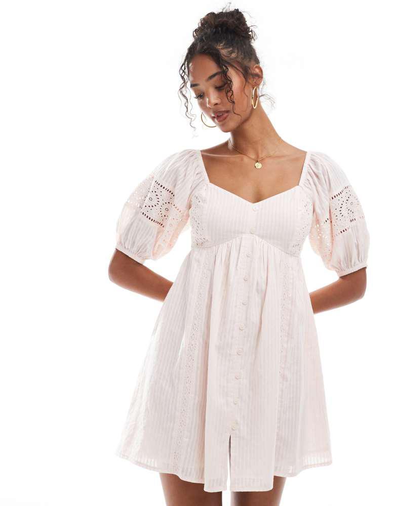 New Look New Look embroidered button through mini dress in pink