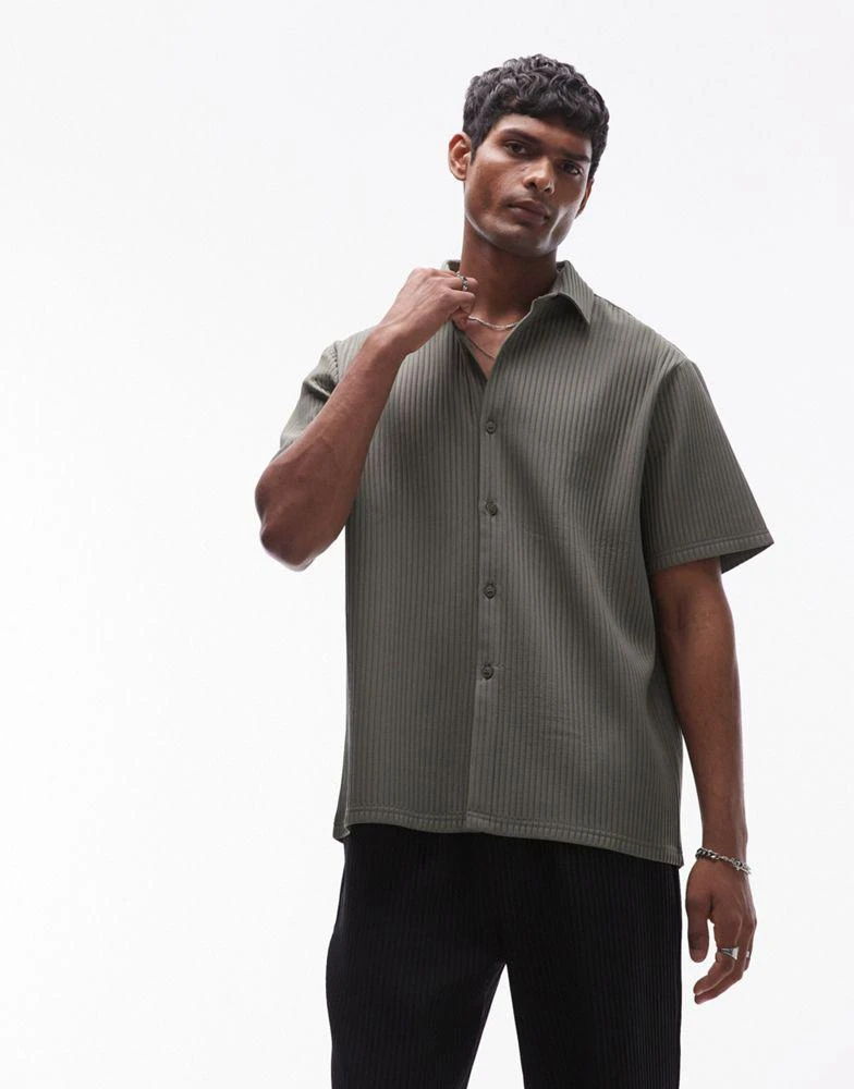 Topman Topman short sleeve button through plisse shirt in khaki 2