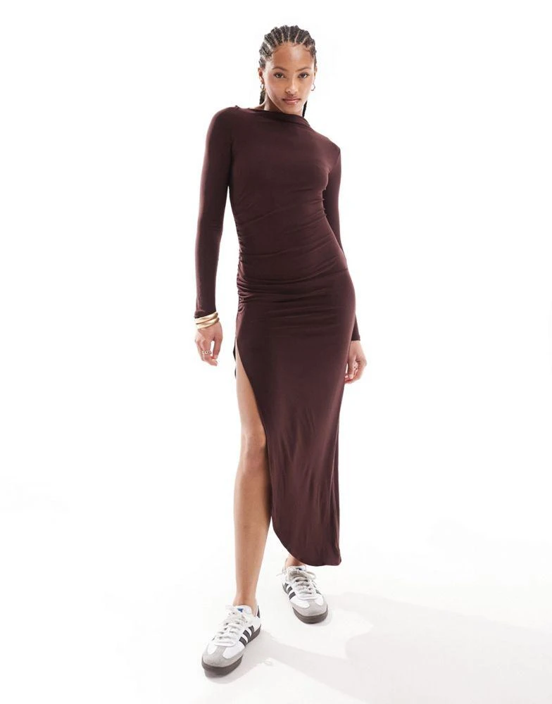 Pull&Bear polyamide sculpt maxi dress with leg split in chocolate brown   On Sale Now with Up to 26% Off | Discover Exclusive Deals & Savings at  BeyondStyle  Authentic Pull&Bear Home|women