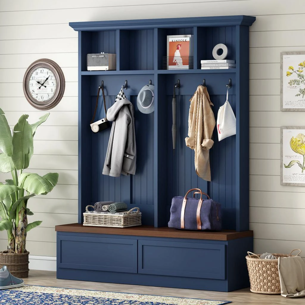Streamdale Furniture Streamdale Farmhouse 4-in-1 Hall Tree with Wood Grain Bench, Coat Rack, 2 Drawers, Blue, 55.9"W