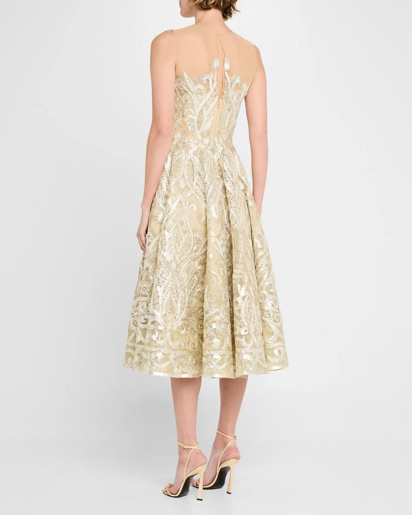Naeem Khan Ribbon Embroidered Tea-Length Illusion Dress 3