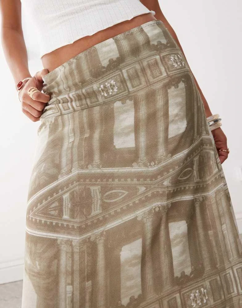 Monki Monki sheer maxi skirt in renaissance print in khaki 4