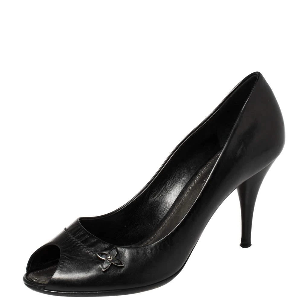 Louis Vuitton Louis Vuitton Black Leather Peep Toe Pumps Size 38.5 1