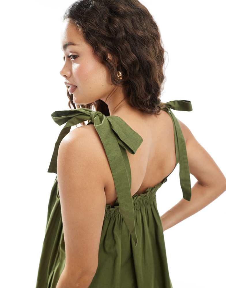 Miss Selfridge Miss Selfridge Petite strappy poplin maxi smock dress in olive