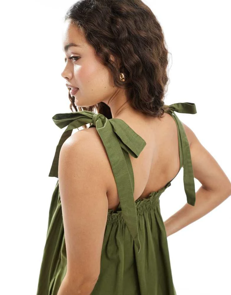 Miss Selfridge Miss Selfridge Petite strappy poplin maxi smock dress in olive 2