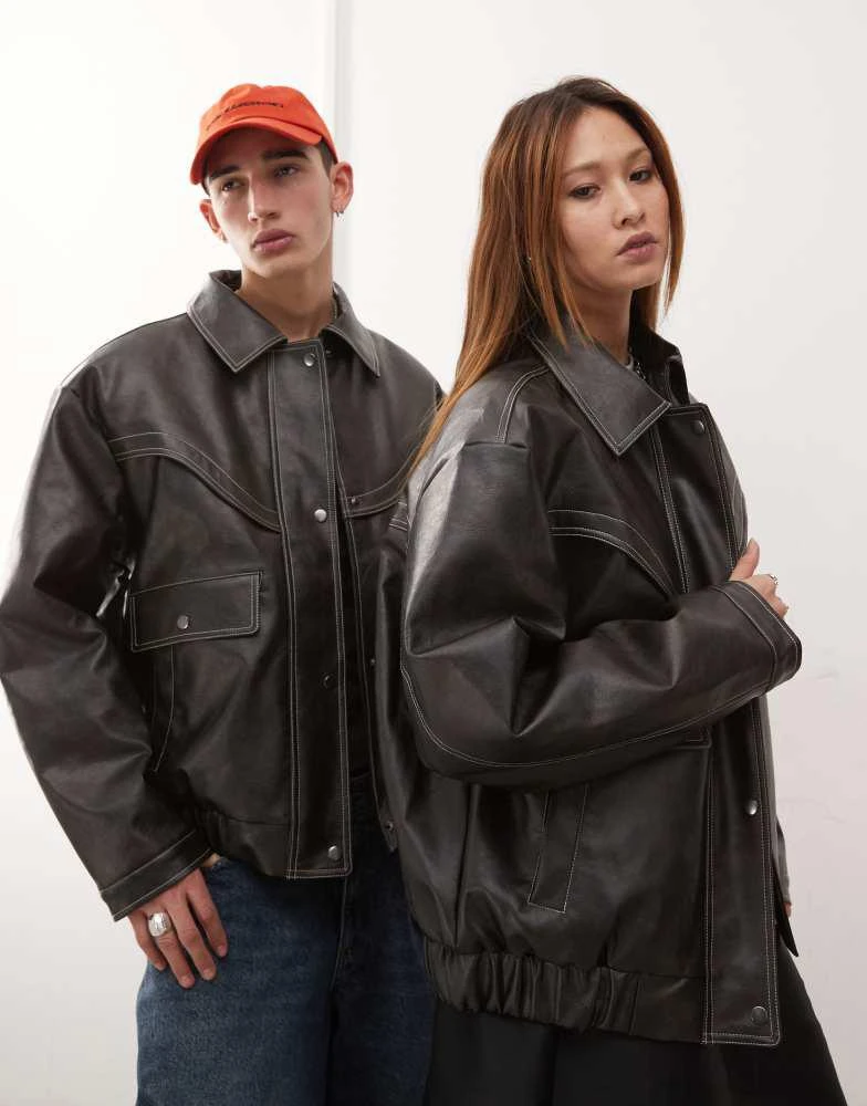 Shop COLLUSION unisex leather look bomber jacket on Sale at
