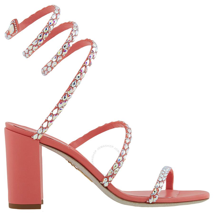 Rene Caovilla Ladies Coral Satin/Crystal Ab Strass Embellished Heels