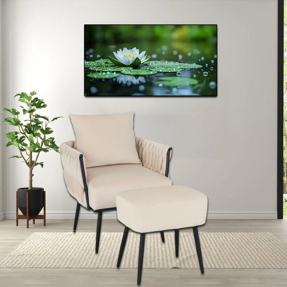 Hivvago Velvet Accent Chair and Ottoman Set with Woven Backrest and Arm Design 4