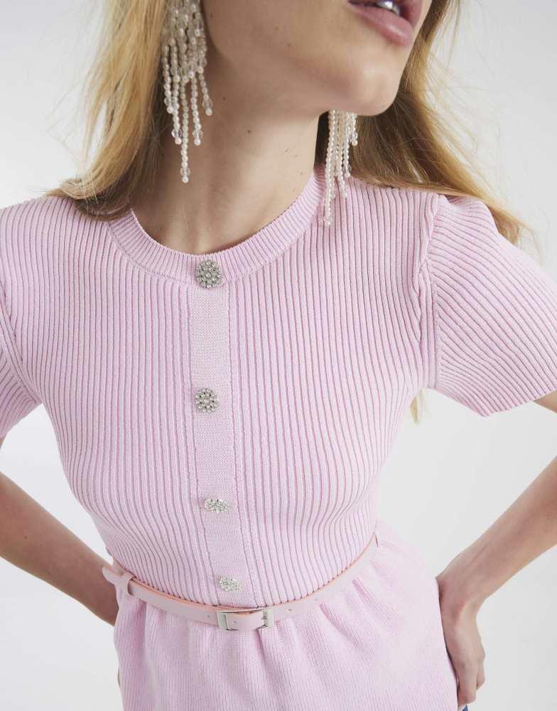 River Island River Island Knit short sleeve belted top in pink - light