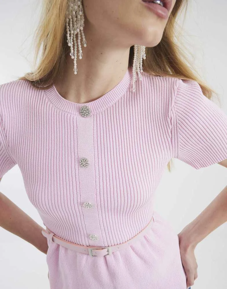 River Island River Island Knit short sleeve belted top in pink - light 2